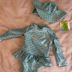Ruffle Butts Blue Silver Mermaid One piece Swimwear with hat